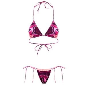 FARAI LONDON CYNTHIA PURPLE MARBLE SWIRL STRING TRIANGLE TIE SIDE BIKINI SET
